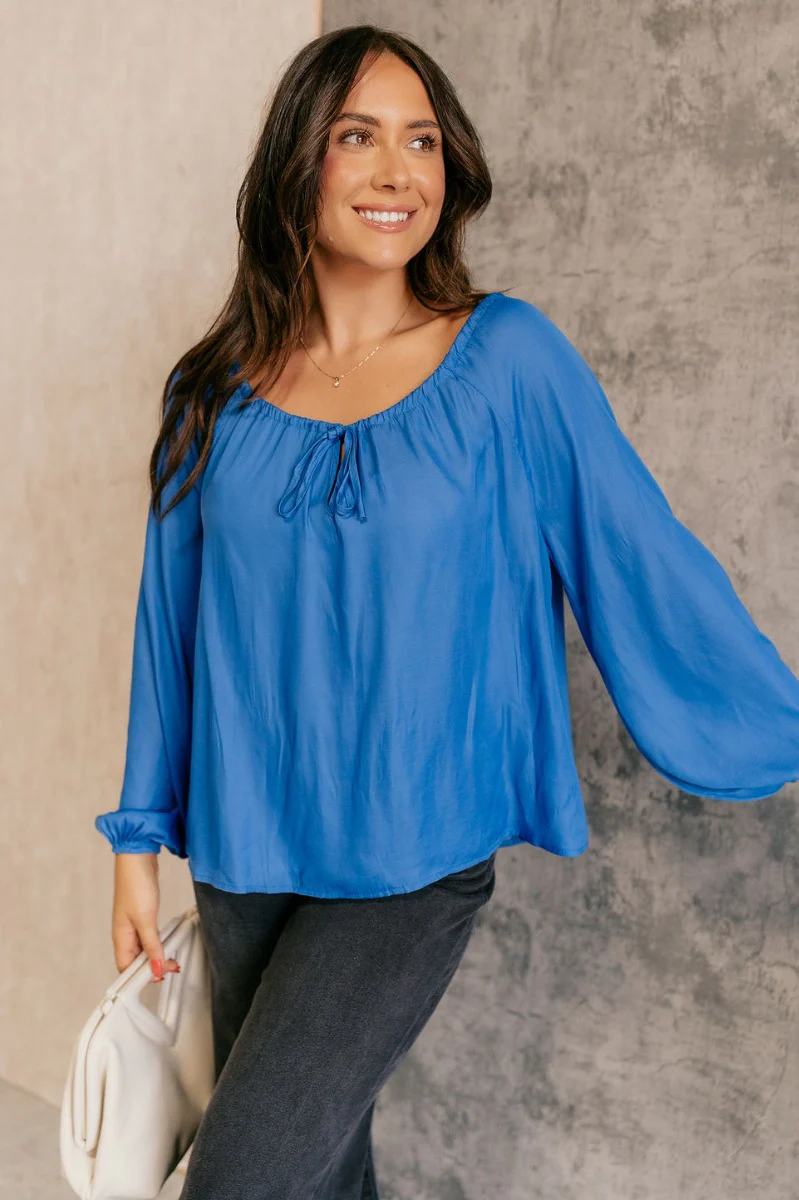 Audrey Blue Satin Adjustable Neckline Long Sleeve Top - Image 5