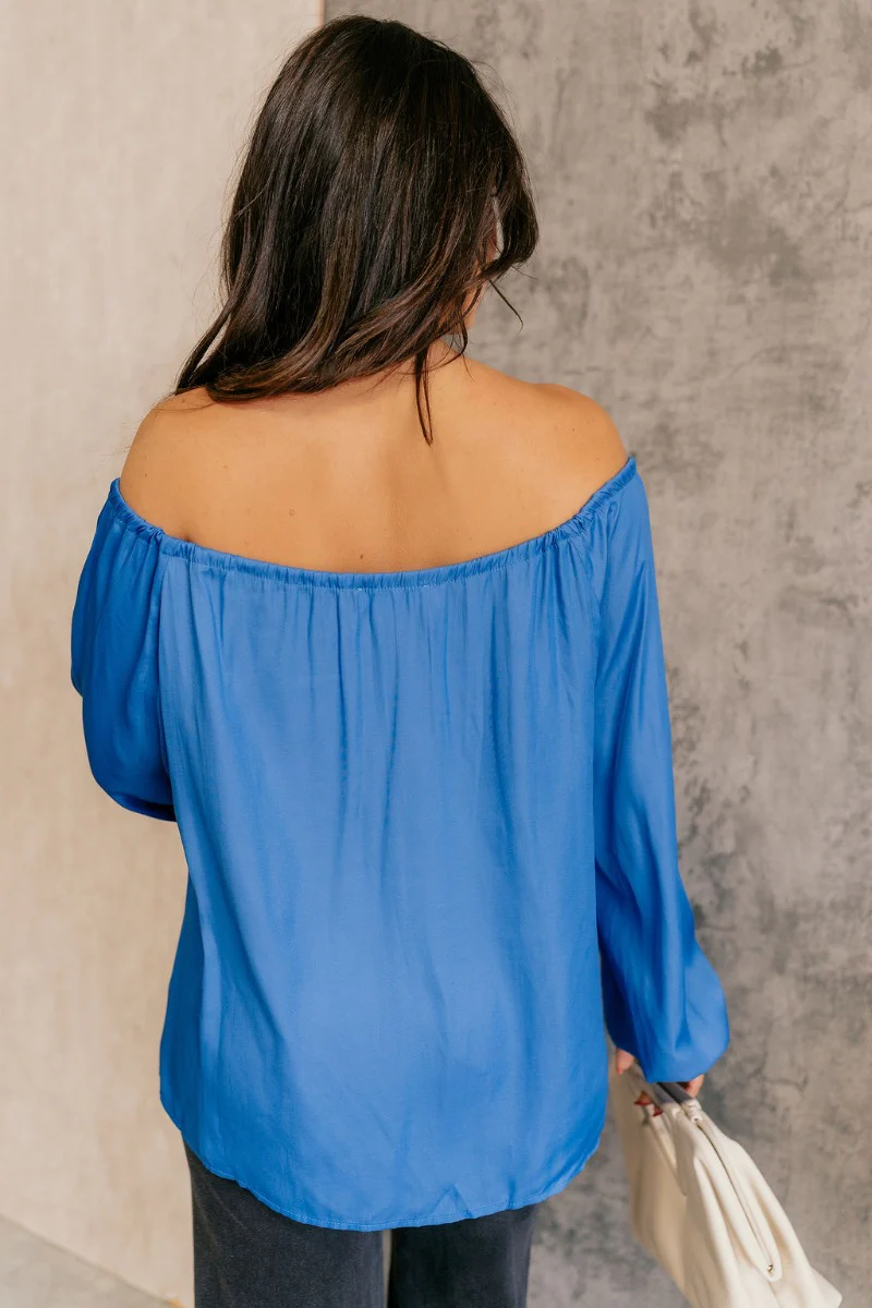Audrey Blue Satin Adjustable Neckline Long Sleeve Top - Image 8
