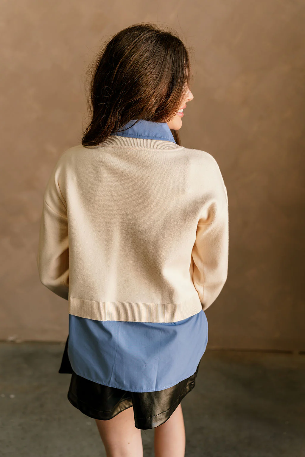 Audrey Cream & Blue Collar Long Sleeve Top - Image 4