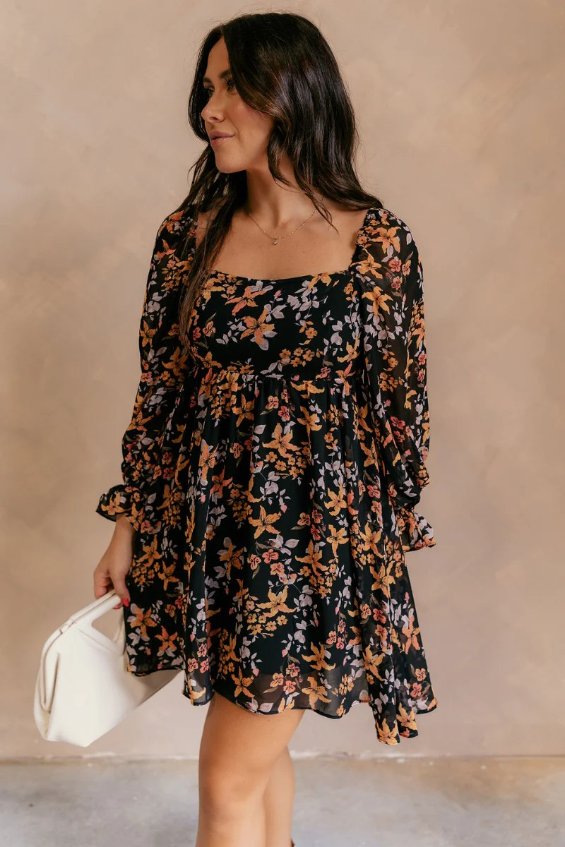 Aurora Black Multi Floral Long Sleeve Mini Dress