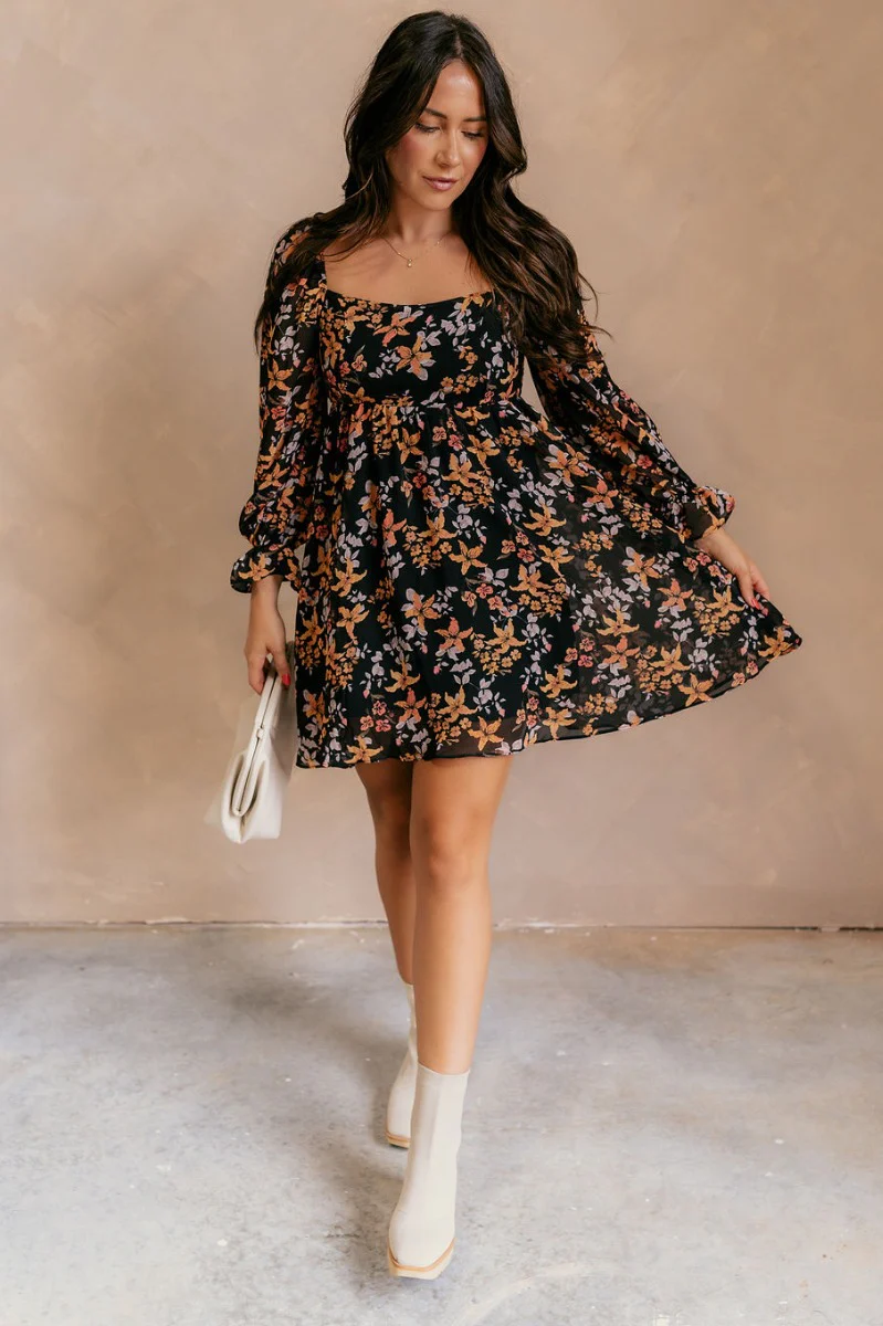 Aurora Black Multi Floral Long Sleeve Mini Dress - Image 2