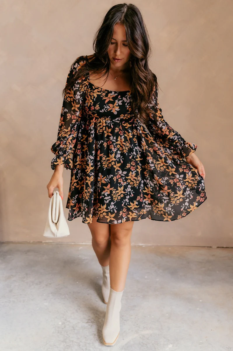 Aurora Black Multi Floral Long Sleeve Mini Dress - Image 3