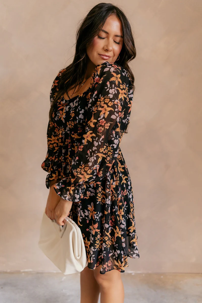 Aurora Black Multi Floral Long Sleeve Mini Dress - Image 4
