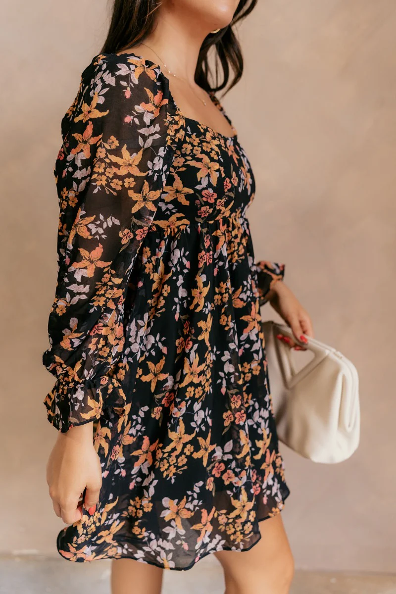 Aurora Black Multi Floral Long Sleeve Mini Dress - Image 6