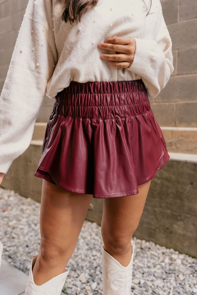 Aurora Burgundy Faux Leather Ruffle Skort - Image 2