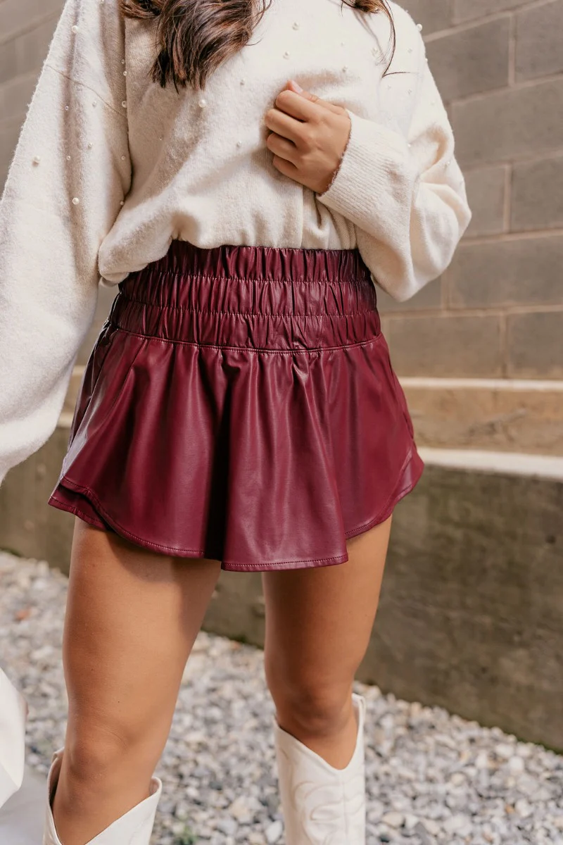 Aurora Burgundy Faux Leather Ruffle Skort - Image 3