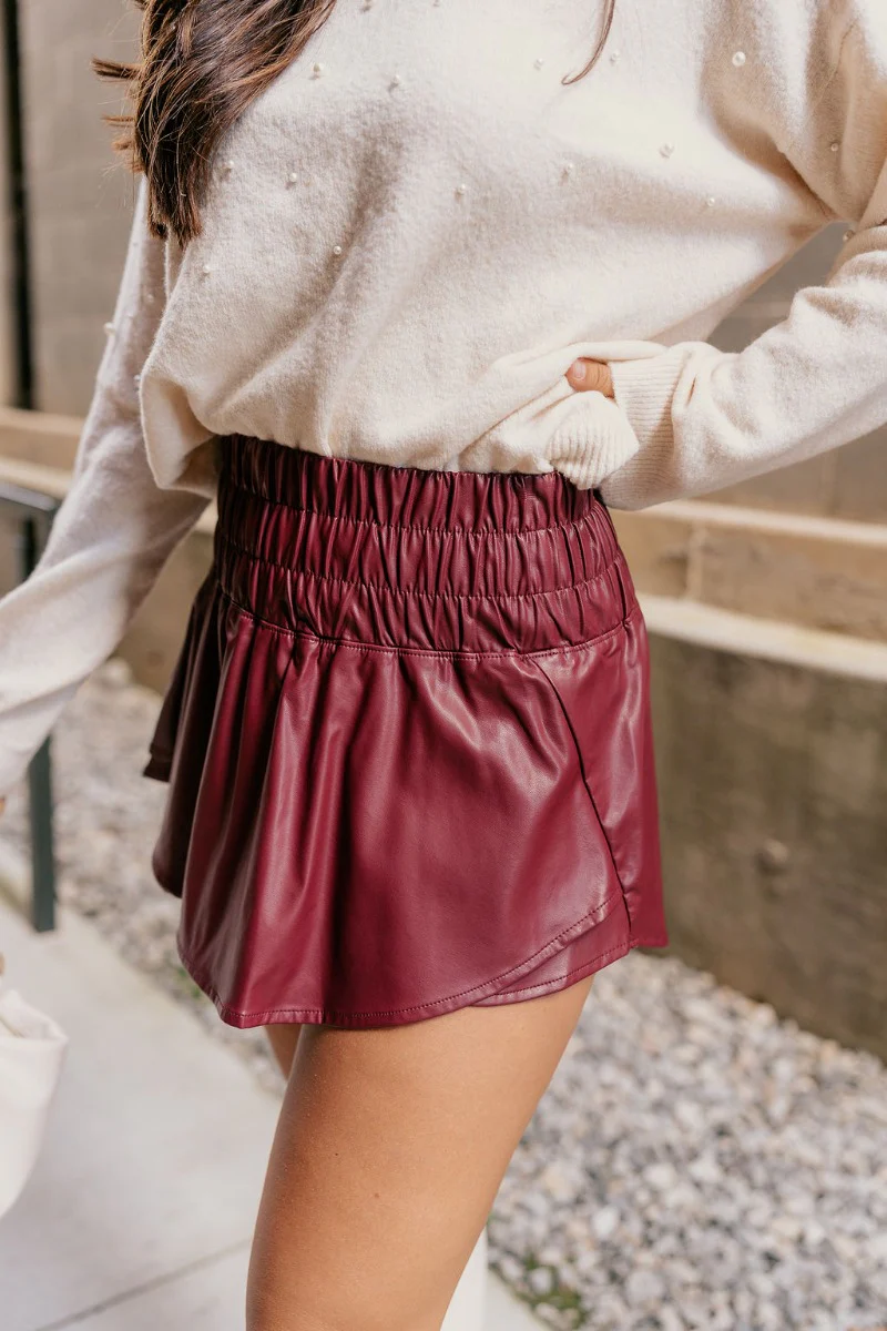 Aurora Burgundy Faux Leather Ruffle Skort - Image 4