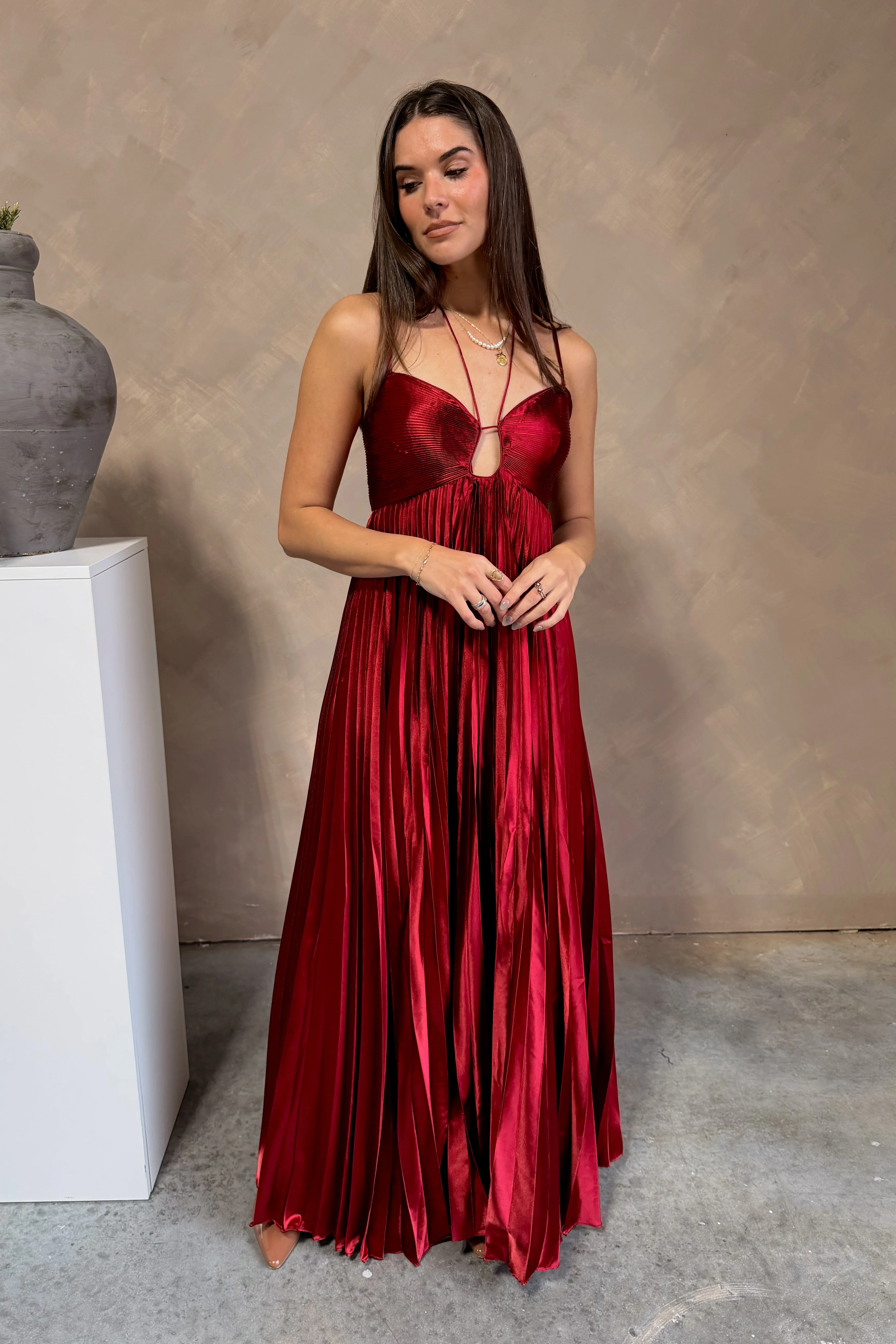 Aurora Burgundy Pleated Satin Maxi Dress - Image 2