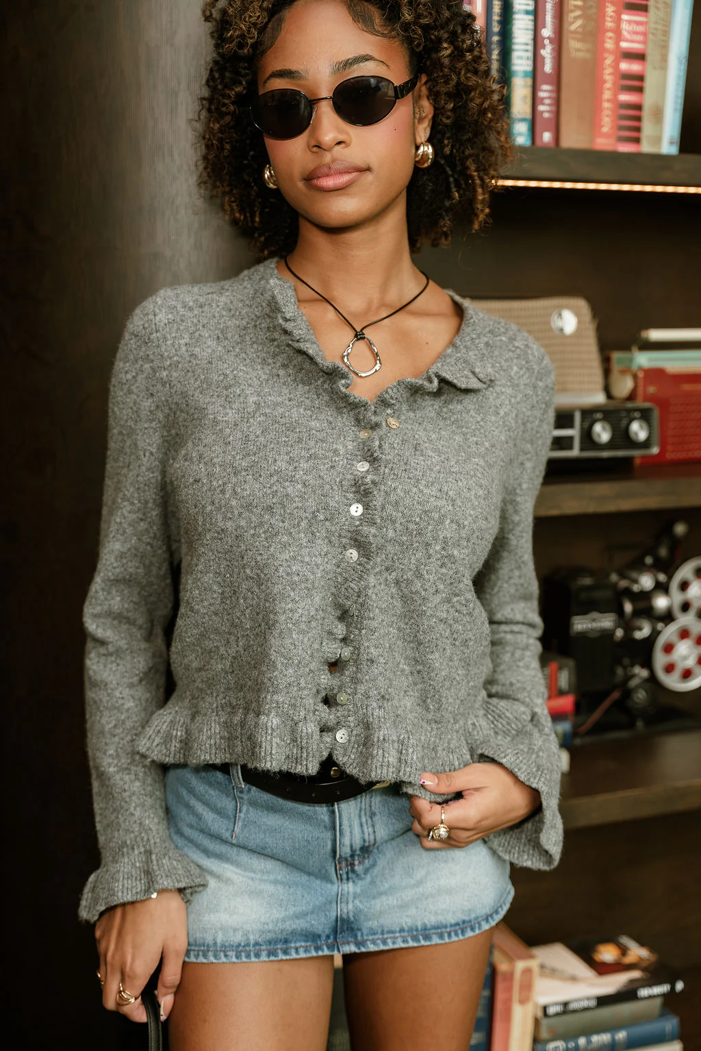 Aurora Grey Ruffle Long Sleeve Cardigan - Image 3