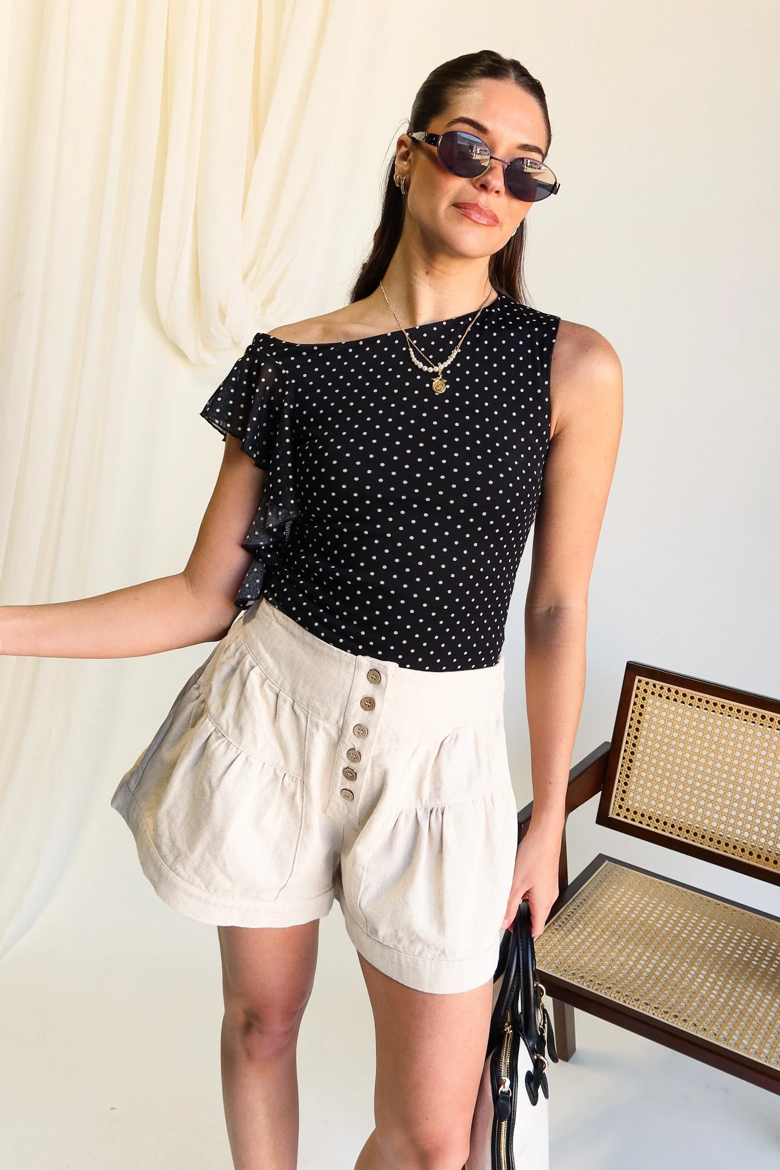 Averie Beige Tiered Button-Up Shorts