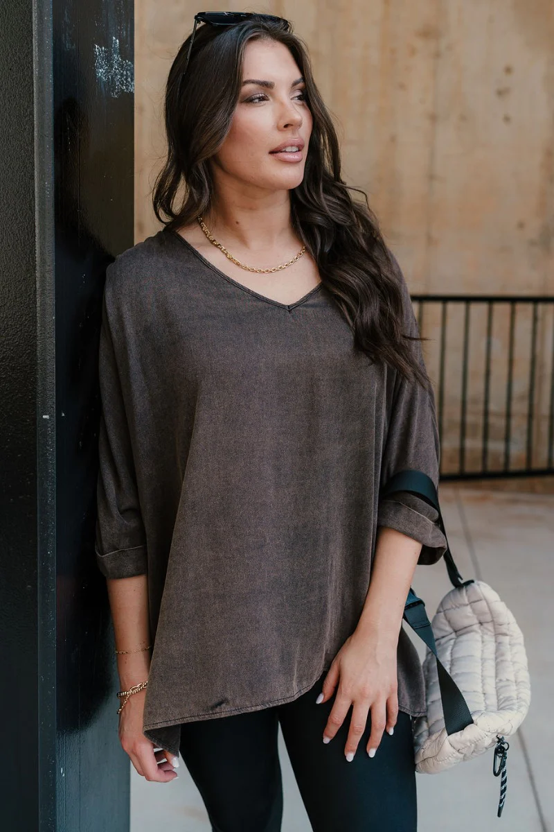 Avery Brown Wash V-Neckline Short Sleeve Top