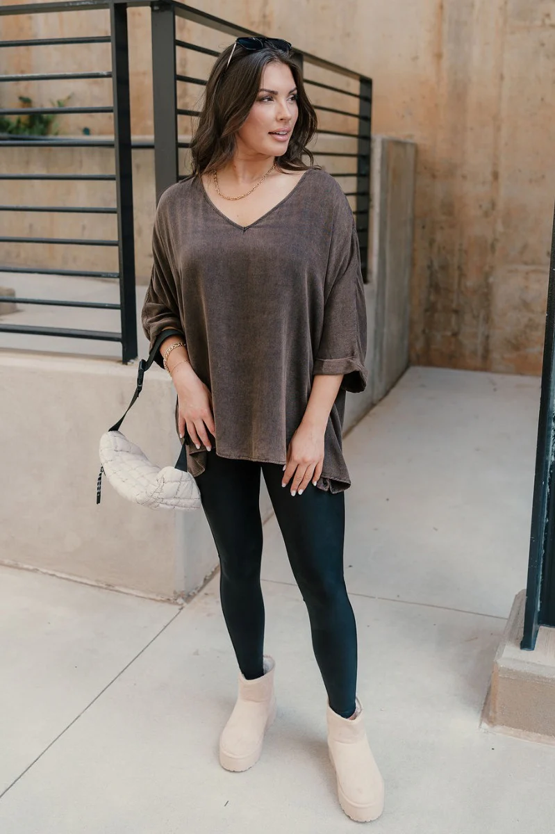 Avery Brown Wash V-Neckline Short Sleeve Top - Image 2