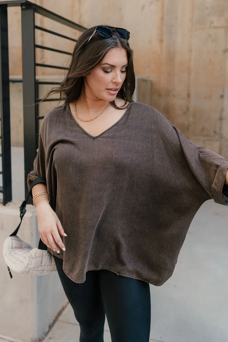 Avery Brown Wash V-Neckline Short Sleeve Top - Image 4