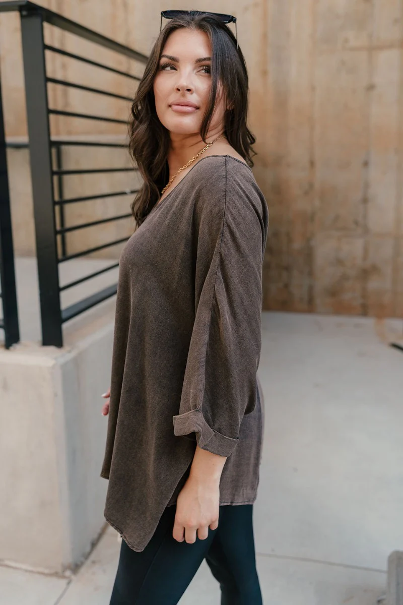 Avery Brown Wash V-Neckline Short Sleeve Top - Image 5
