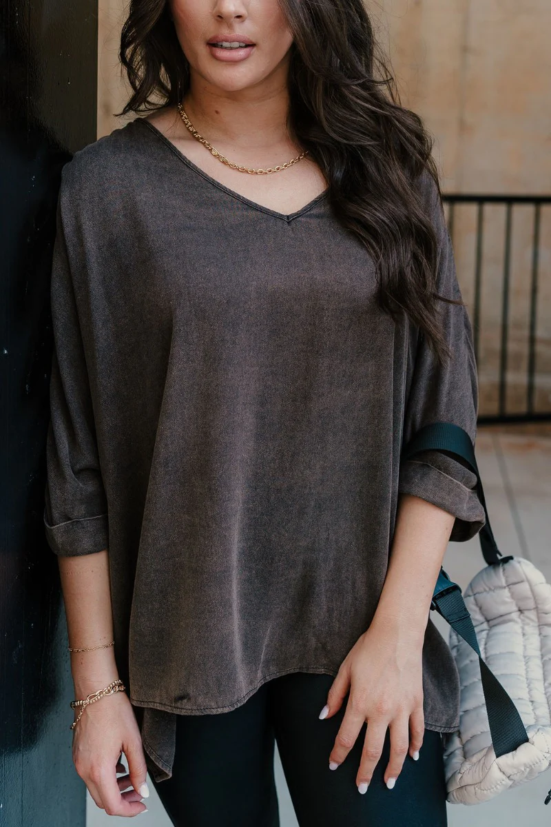 Avery Brown Wash V-Neckline Short Sleeve Top - Image 6