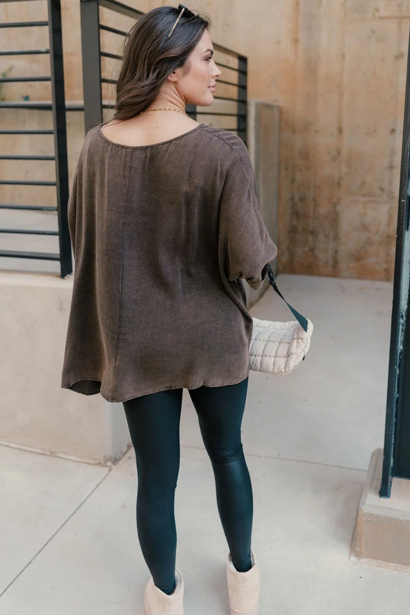 Avery Brown Wash V-Neckline Short Sleeve Top - Image 8