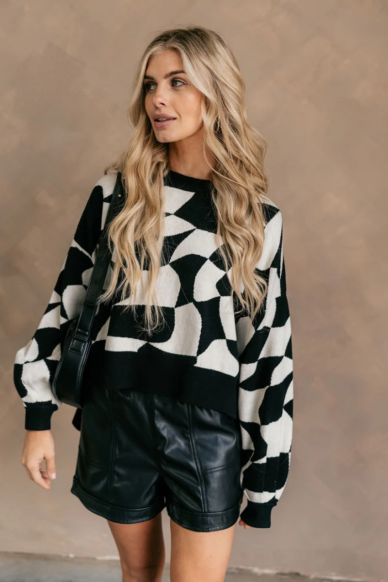 Ayla Black & Cream Geometric Long Sleeve Sweater - Image 3