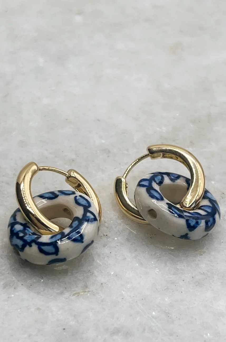 Lola White and Blue Pattern Huggie Earrings