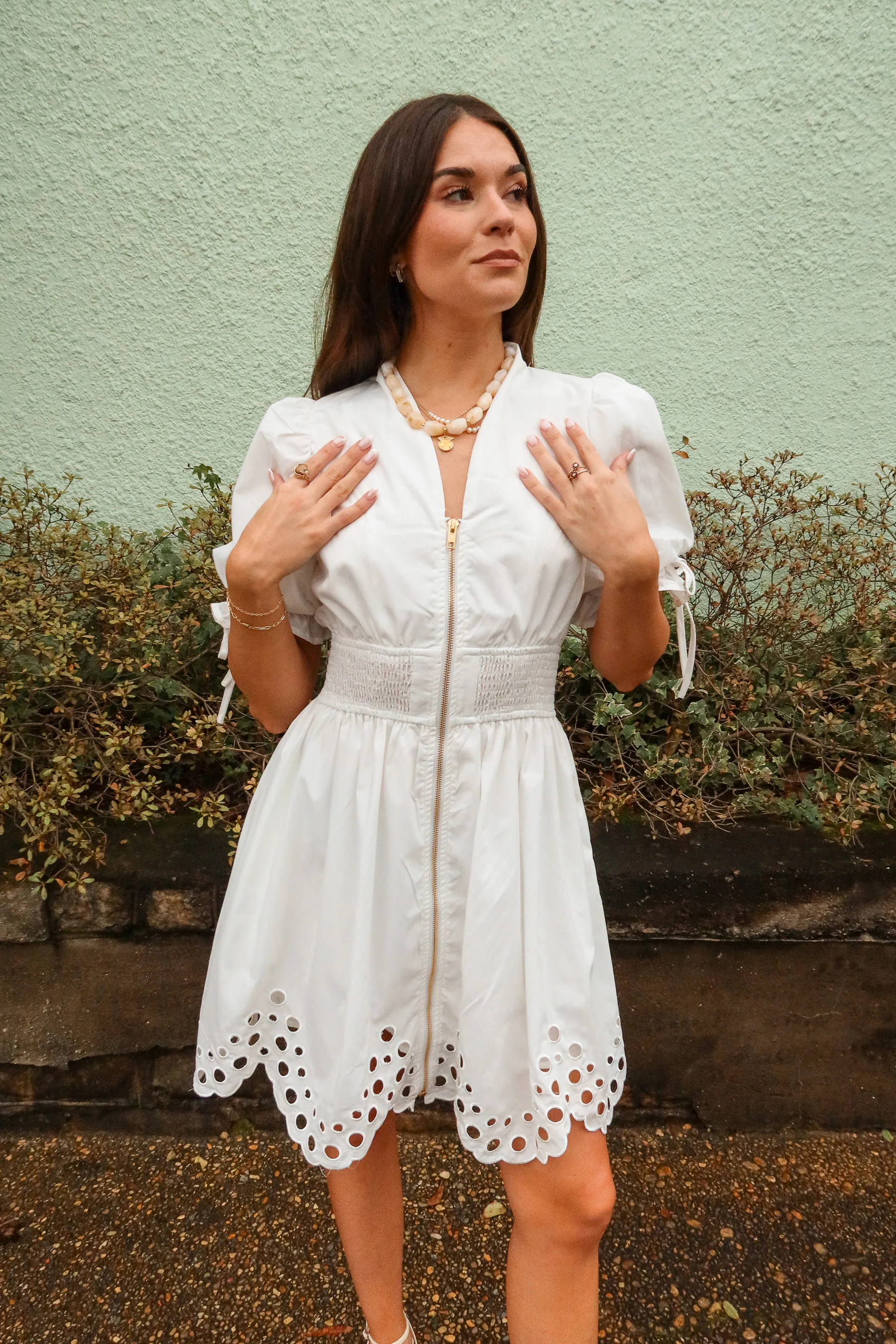 Belinda White Zip-Up Eyelet Mini Dress - Image 6