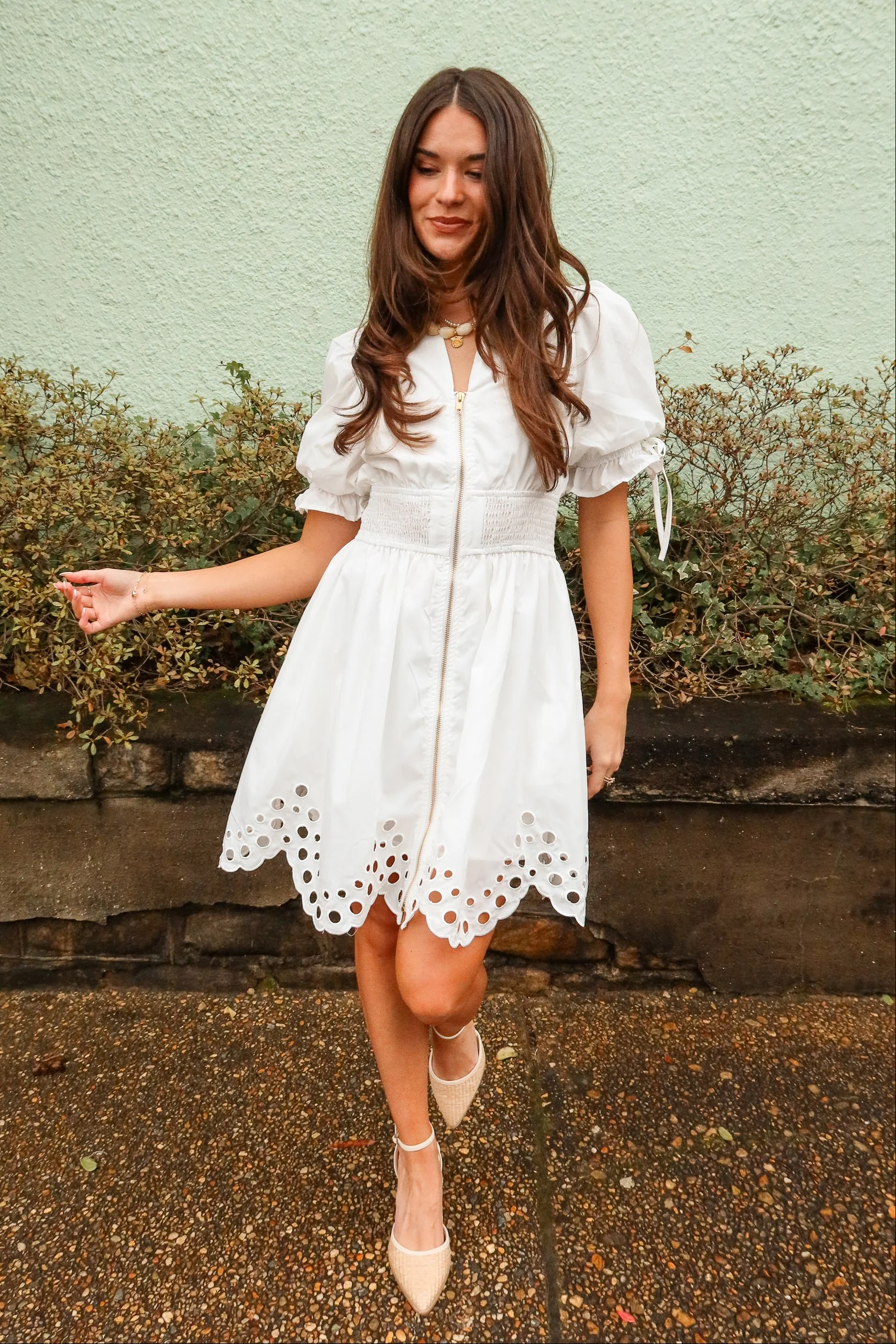 Belinda White Zip-Up Eyelet Mini Dress - Image 8