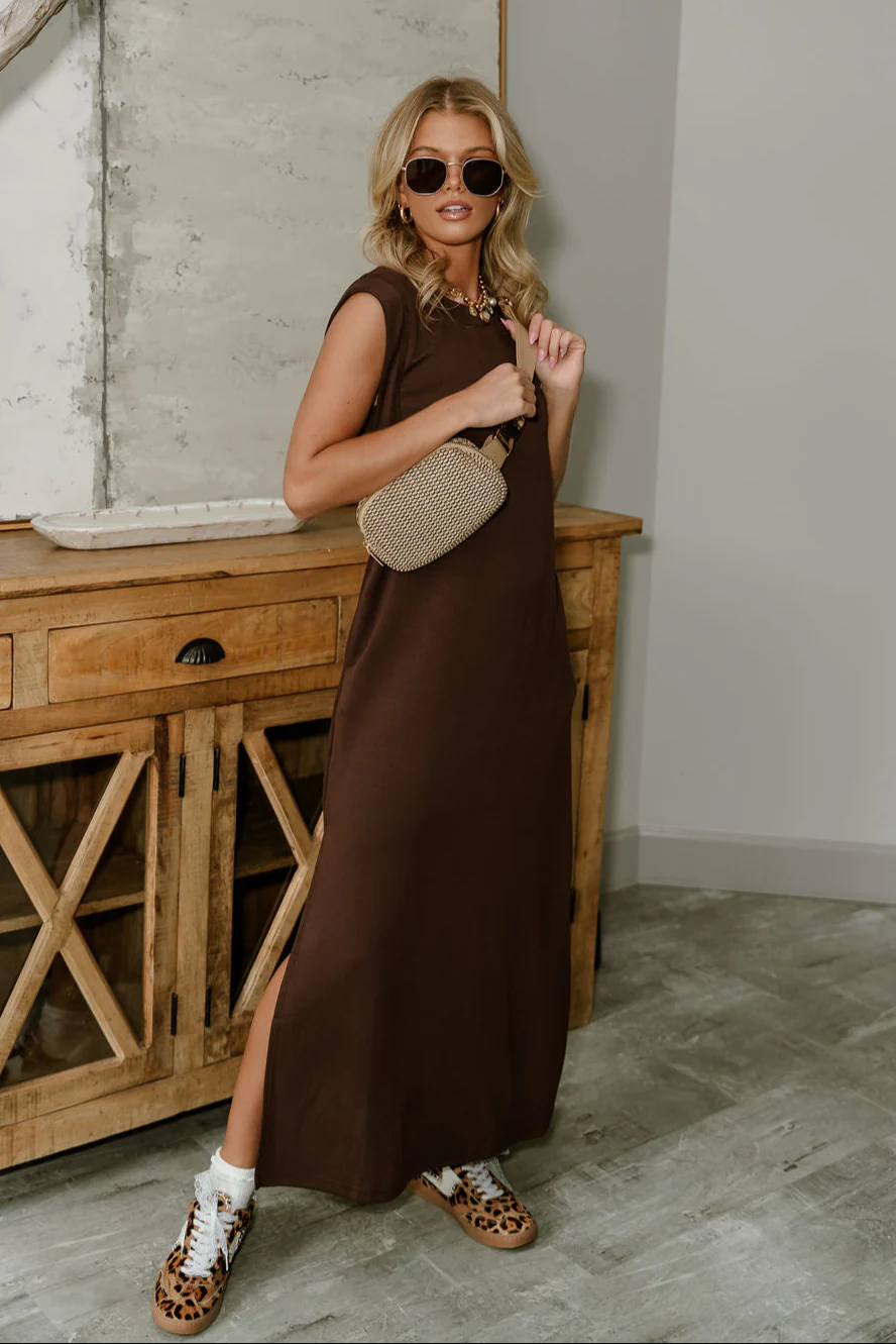 Bianca Brown Knit Sleeveless Midi Dress