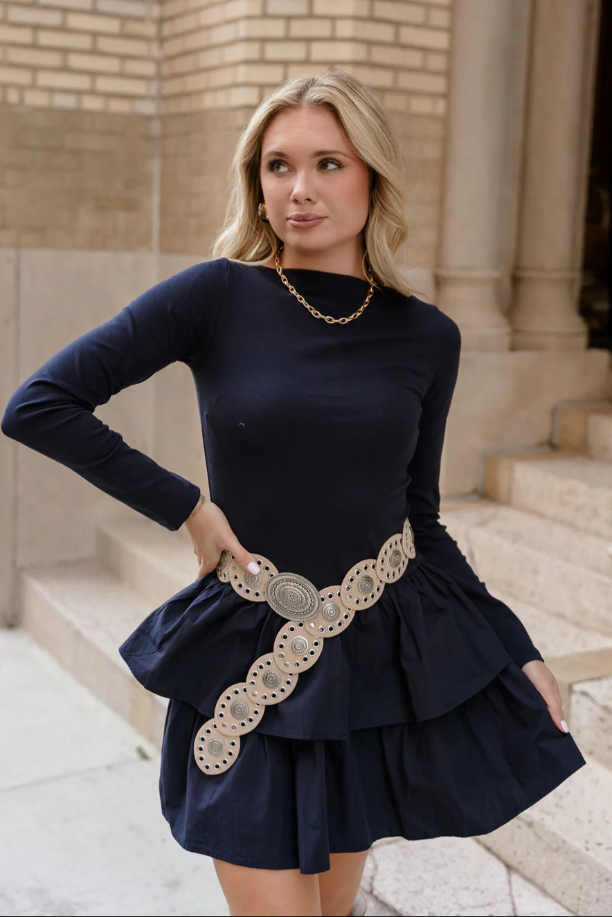 Bianca Navy Tiered Long Sleeve Mini Dress - Image 3