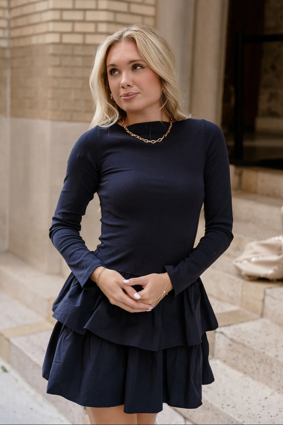 Bianca Navy Tiered Long Sleeve Mini Dress - Image 5