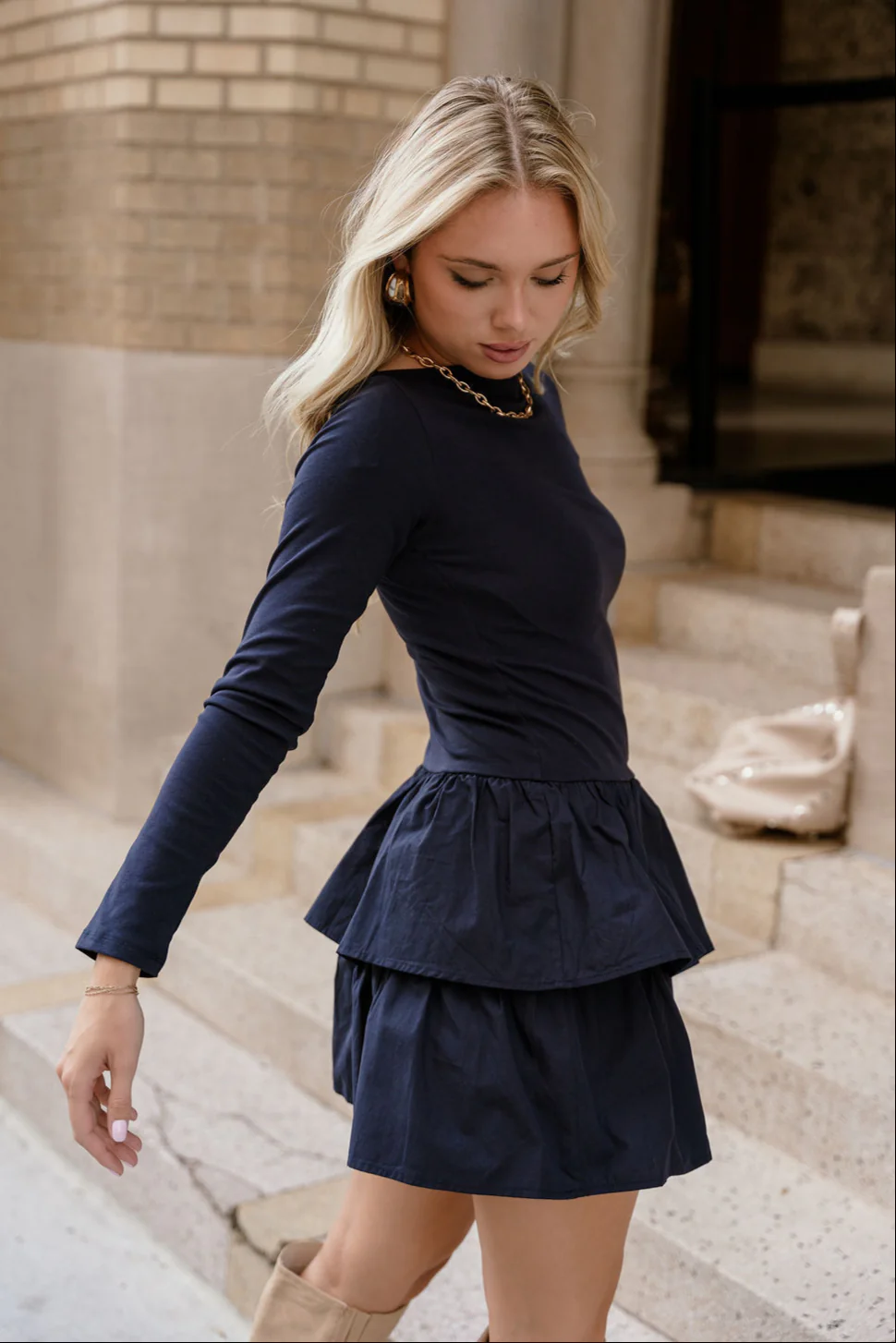 Bianca Navy Tiered Long Sleeve Mini Dress - Image 6