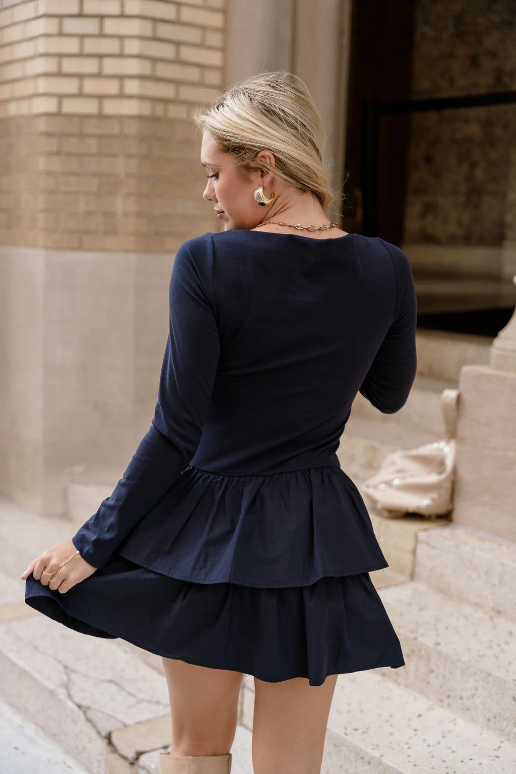 Bianca Navy Tiered Long Sleeve Mini Dress - Image 8
