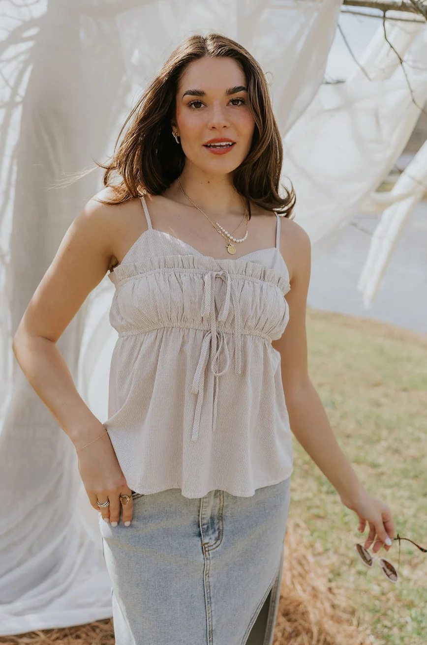Billie White & Taupe Striped Tank
