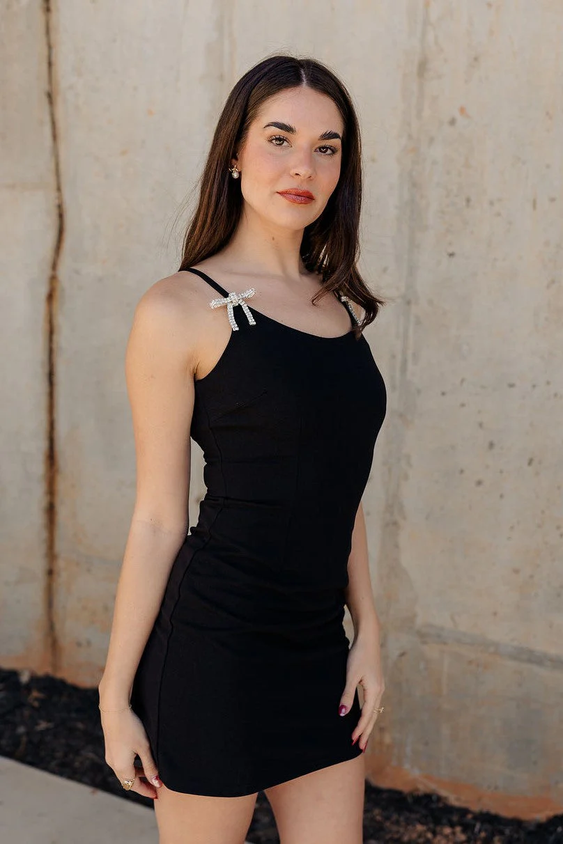 Elodie Black Rhinestone Bow Mini Dress