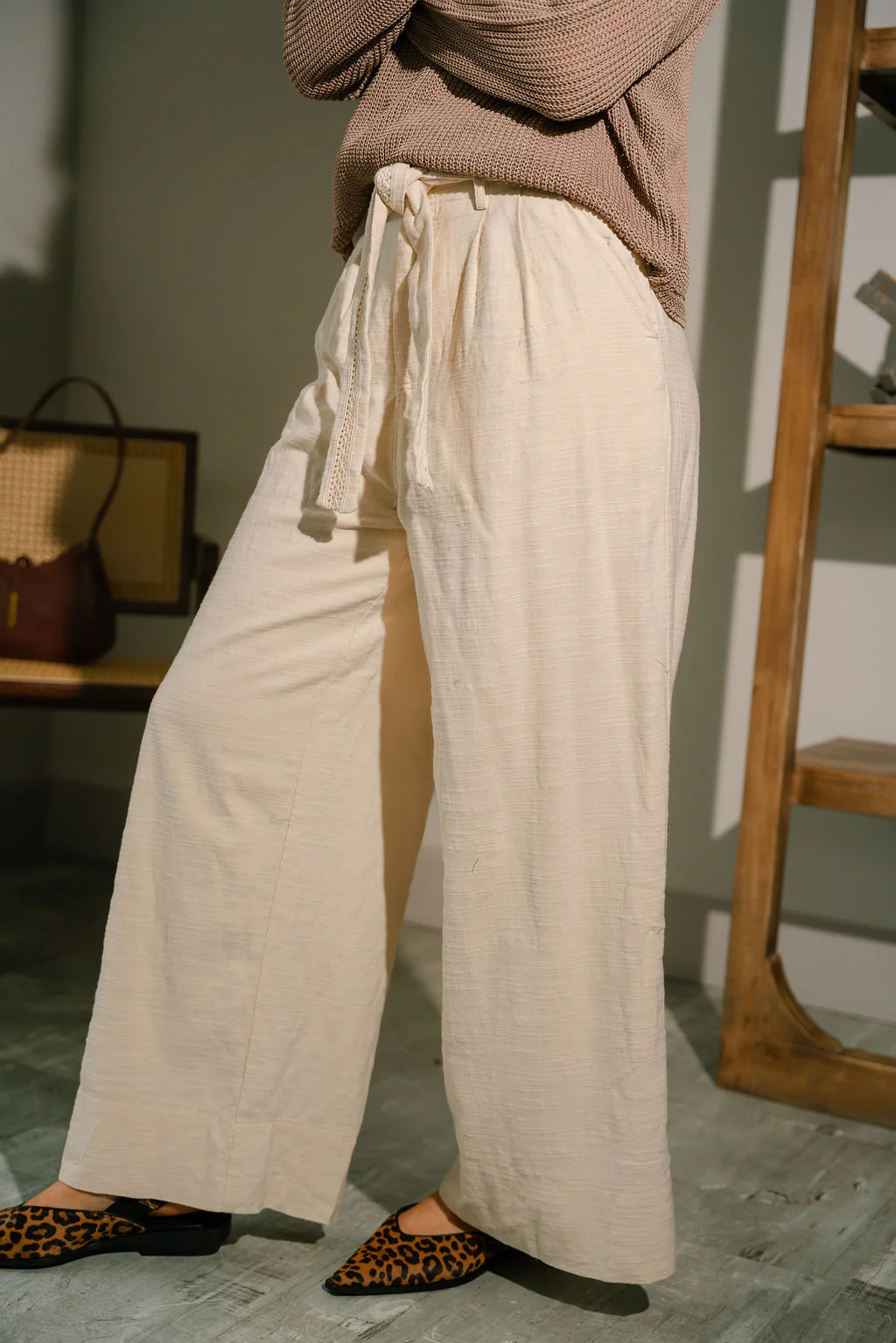 Blair Oatmeal Tie Belt Wide Leg Pants - Image 2