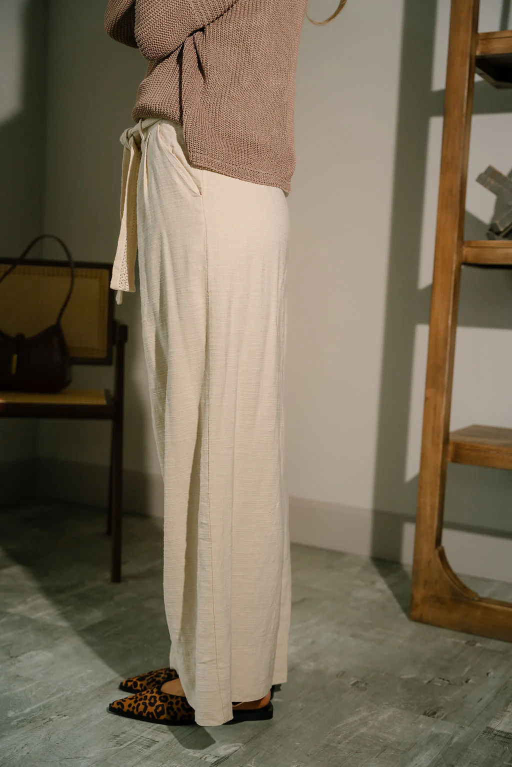 Blair Oatmeal Tie Belt Wide Leg Pants - Image 3