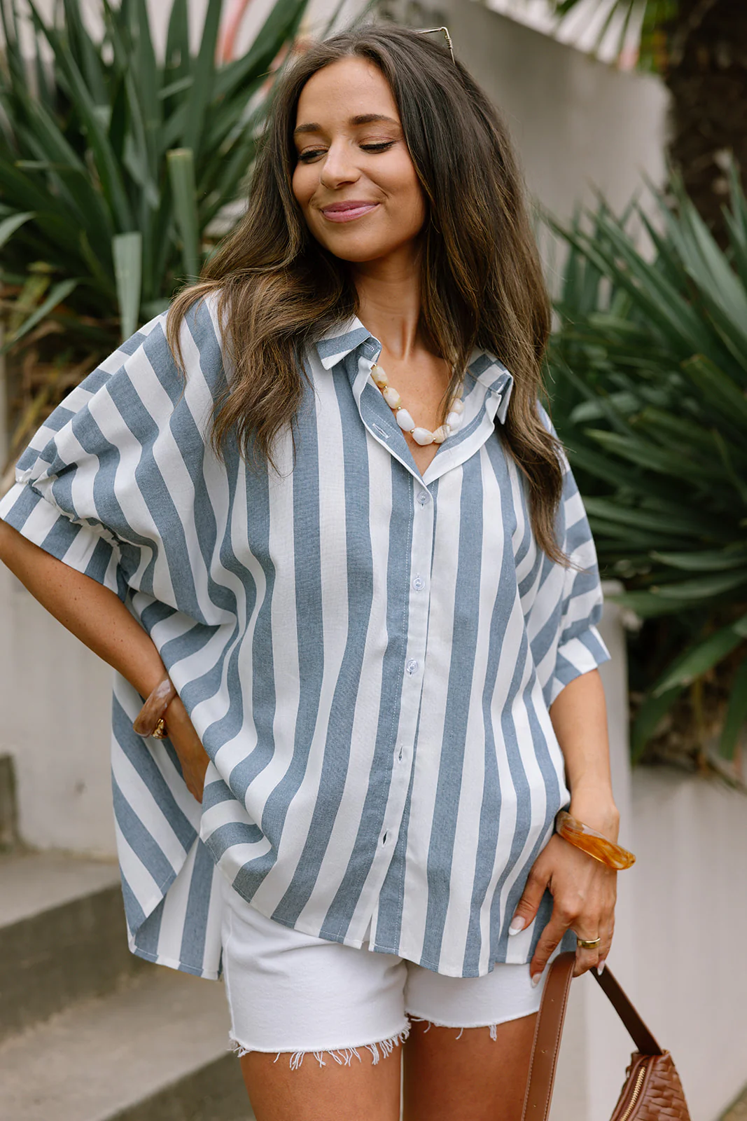 Blaire Blue & White Linen Stripe Top - Image 3