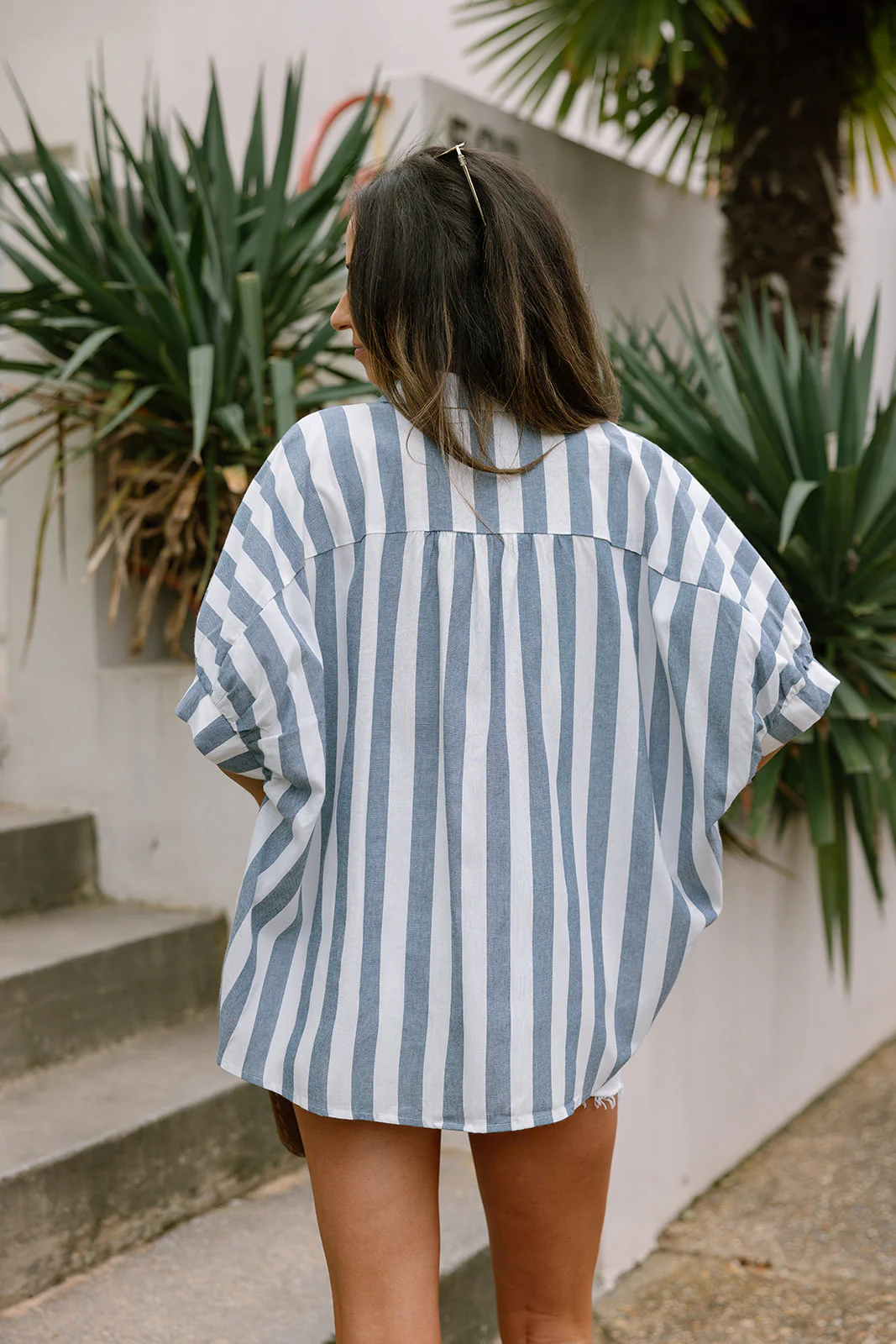 Blaire Blue & White Linen Stripe Top - Image 4