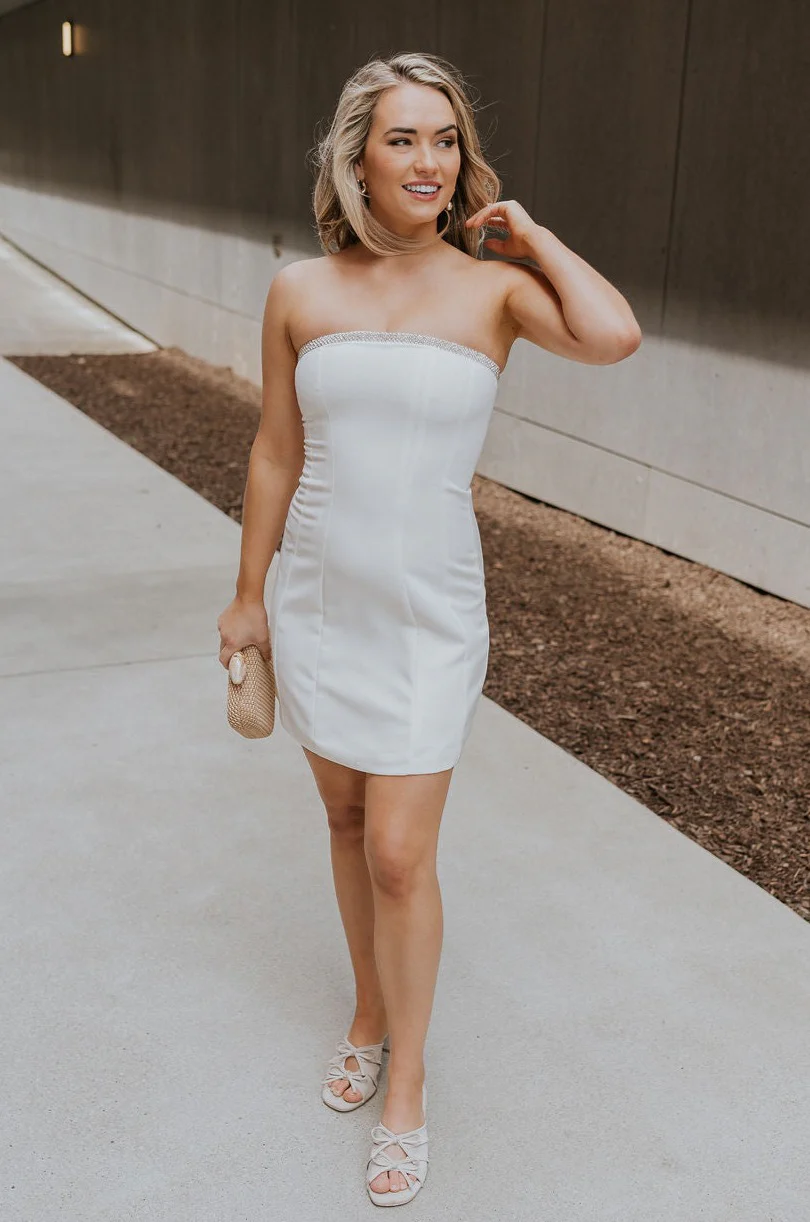 Blaire Off White Rhinestone Strapless Mini Dress - Image 2