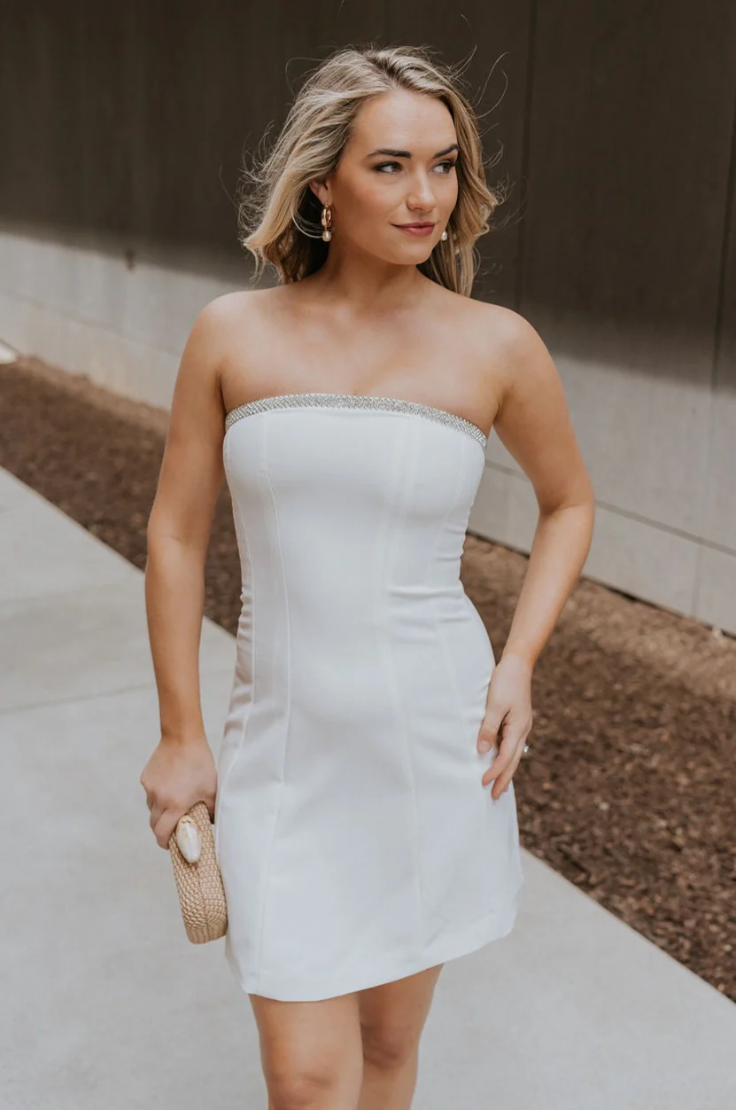 Blaire Off White Rhinestone Strapless Mini Dress - Image 5