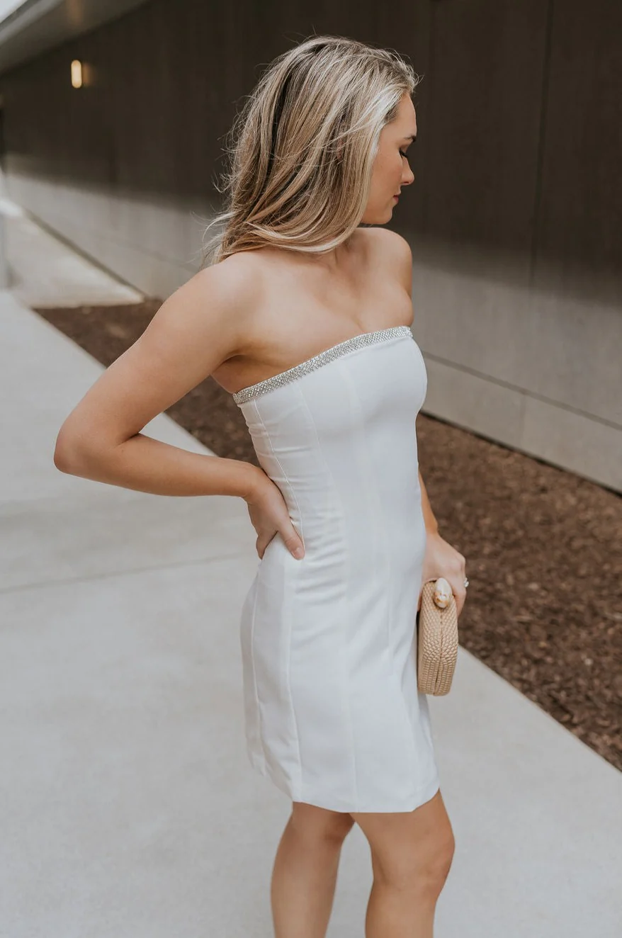 Blaire Off White Rhinestone Strapless Mini Dress - Image 7