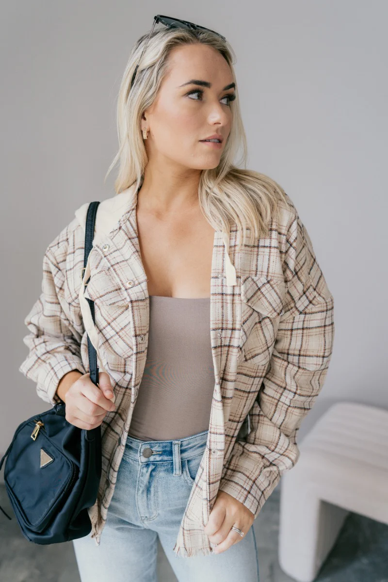 Blake Beige Plaid Hooded Shacket - Image 2