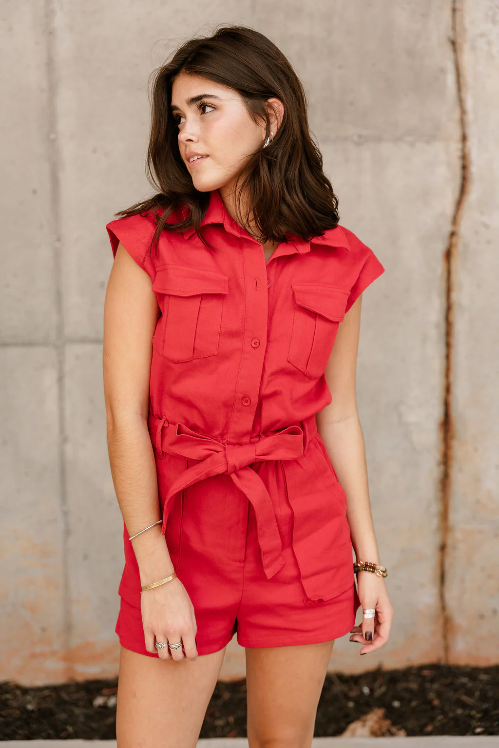 Breana Red Denim Short Sleeve Romper - Image 3