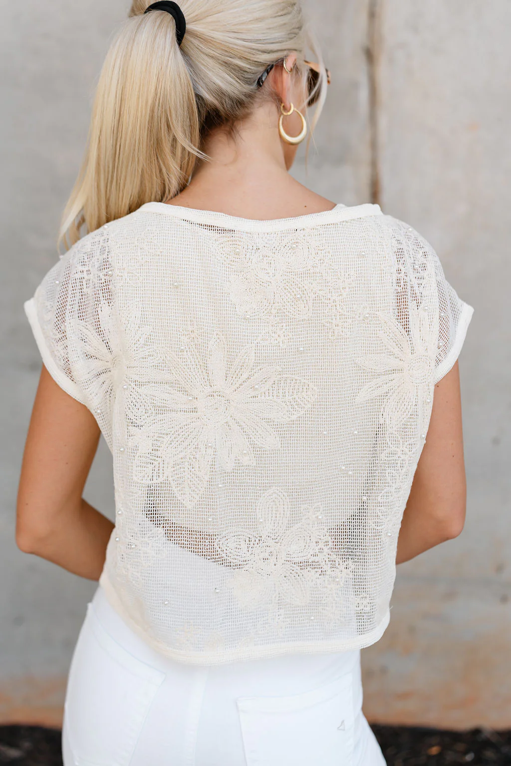 Bridget Cream Floral & Pearl Open Knit Top - Image 3