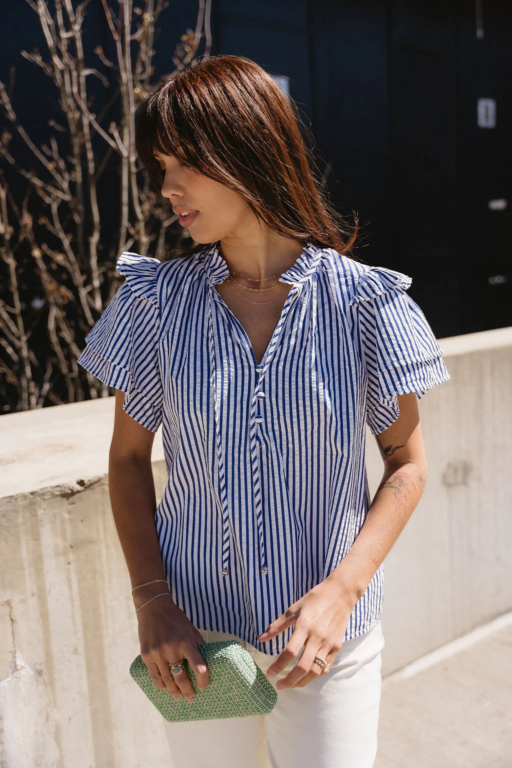 Briella Navy & White Stripe Ruffle Top