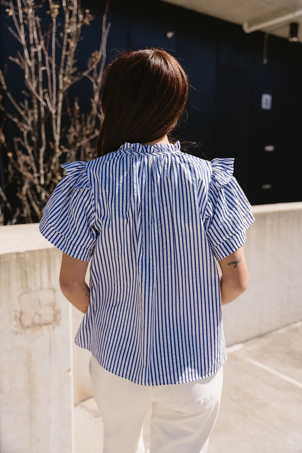 Briella Navy & White Stripe Ruffle Top - Image 4