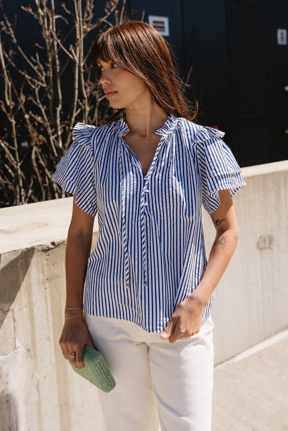 Briella Navy & White Stripe Ruffle Top - Image 5