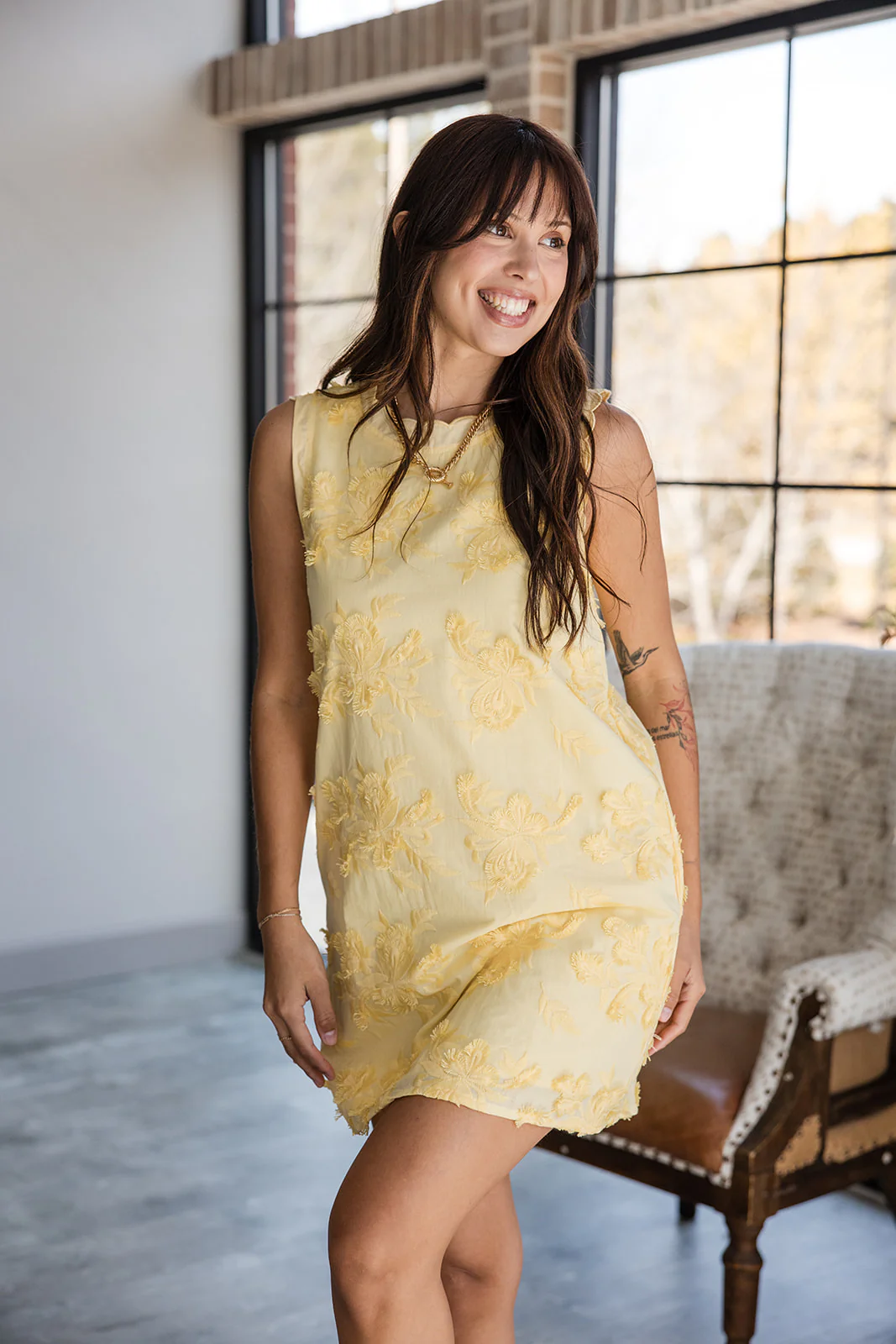 Briella Yellow 3D FLoral Mini Dress
