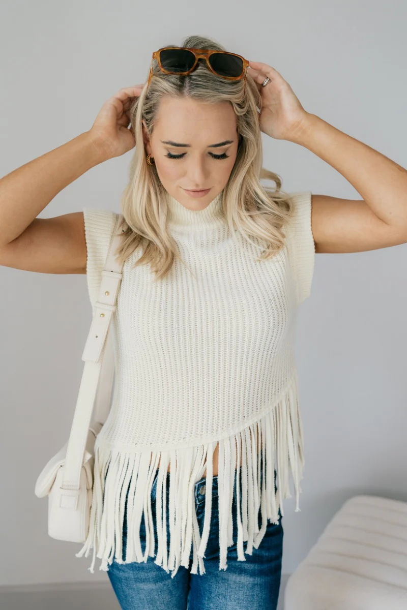 Brielle Cream Fringe Hem Sleeveless Knit Sweater