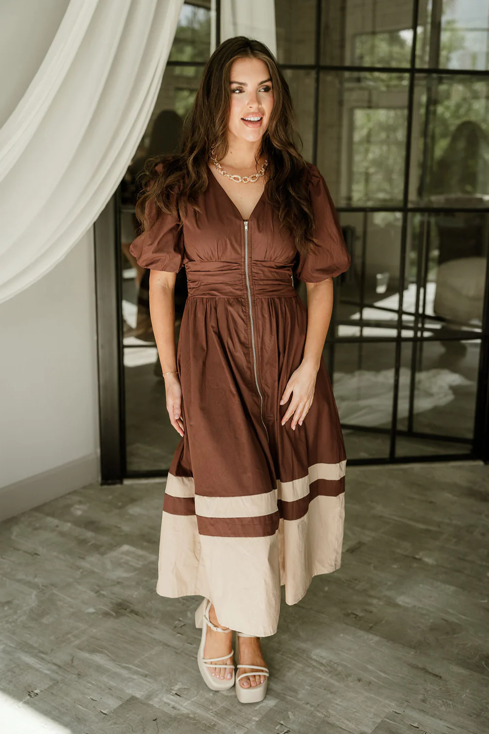 Brinley Brown Colorblock Zip-Up Midi Dress - Image 2
