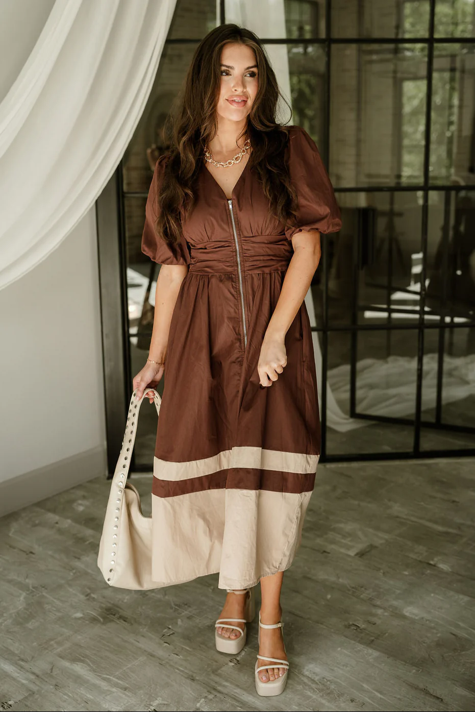 Brinley Brown Colorblock Zip-Up Midi Dress - Image 4