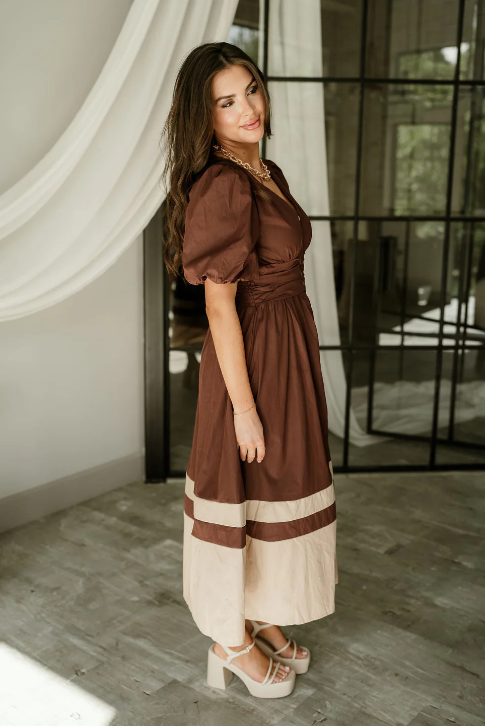 Brinley Brown Colorblock Zip-Up Midi Dress - Image 5
