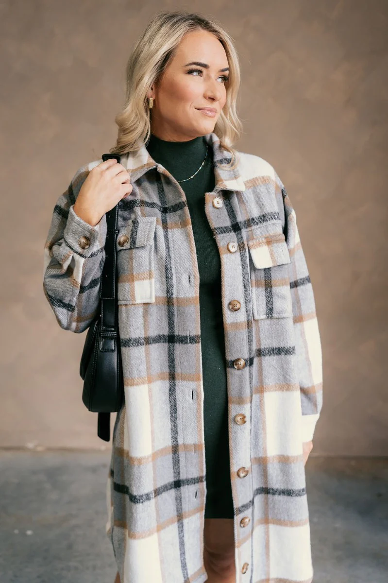 Brynn Grey Plaid Longline Shacket - Image 3